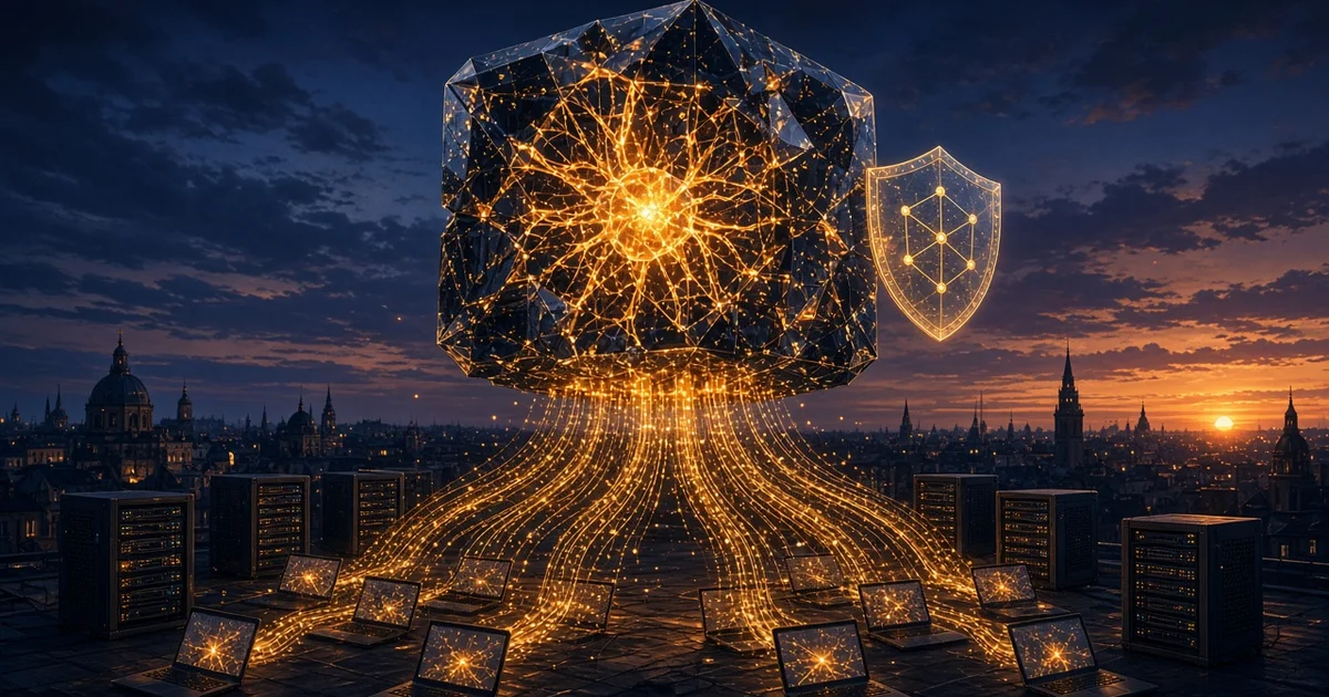 رسم لنواة بلورية متوهجة فوق مدينة أوروبية تتدفق منها خيوط ضوء إلى خوادم وحواسيب مع درع حماية