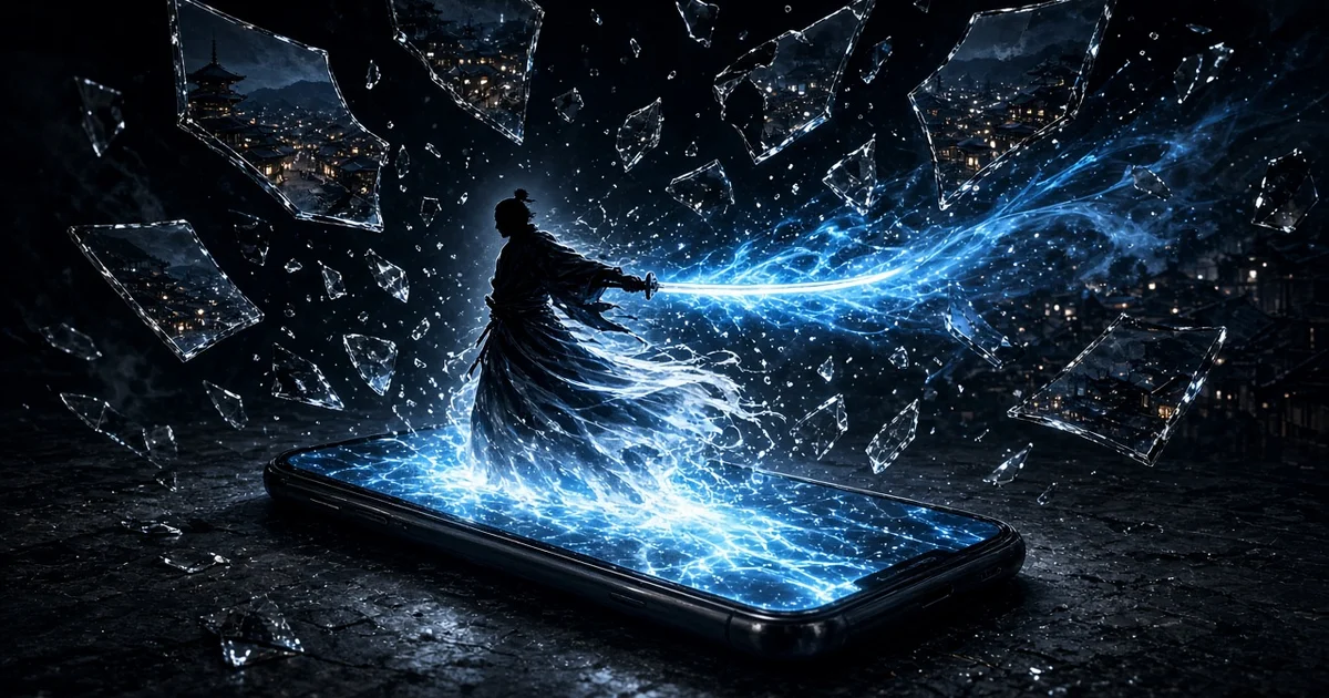 رسم لهاتف ذكي تخرج من شاشته هيئة محارب بثوب أسود يحمل سيفاً يتدفق منه ضوء أزرق وحوله شظايا مرايا تعكس مدينة ليلية