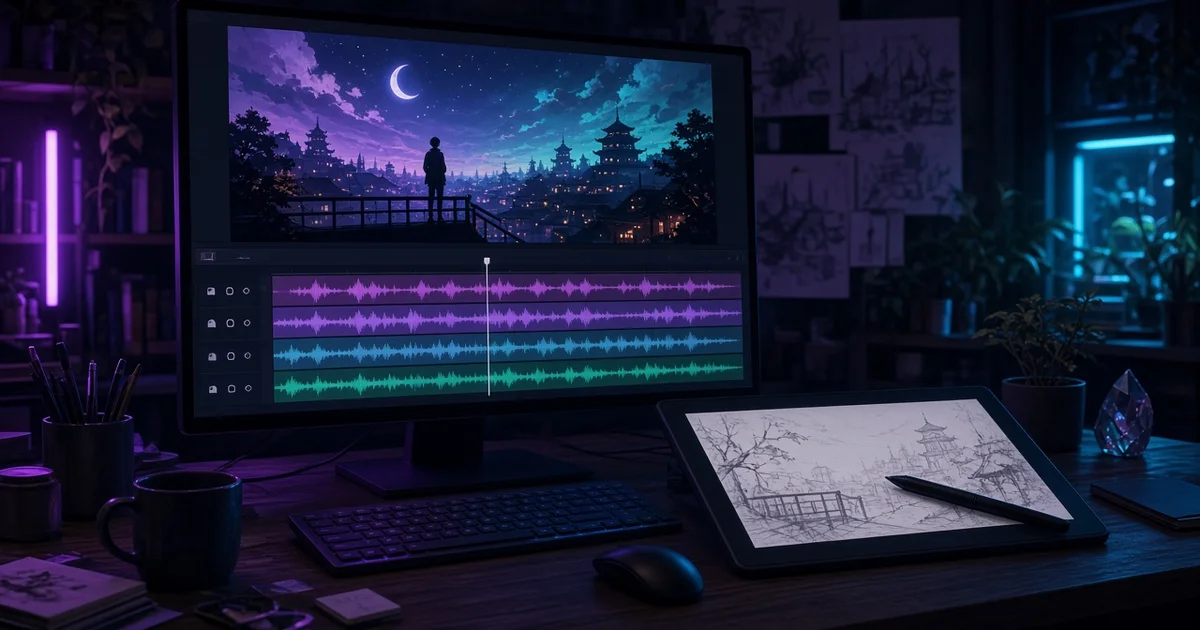 مكتب استوديو ليلي فيه شاشة تعرض مشهد فيديو وتحته مسارات صوتية ملونة ولوح رسم عليه اسكتش