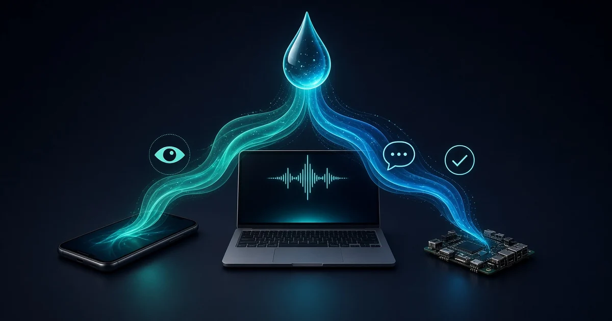 هاتف وحاسوب محمول ولوحة حاسوب صغيرة تخرج منها خيوط ضوء فيروزية تلتقي في قطرة مضيئة مع رموز للرؤية والصوت والنص