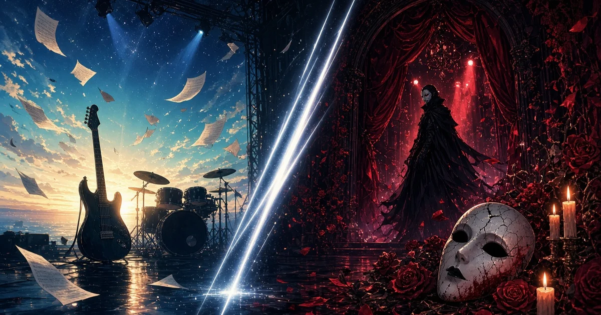 رسم لمسرح حفل منقسم بين جيتار وطبول تحت سماء الفجر وقناع خزفي وورود حمراء على خشبة قوطية