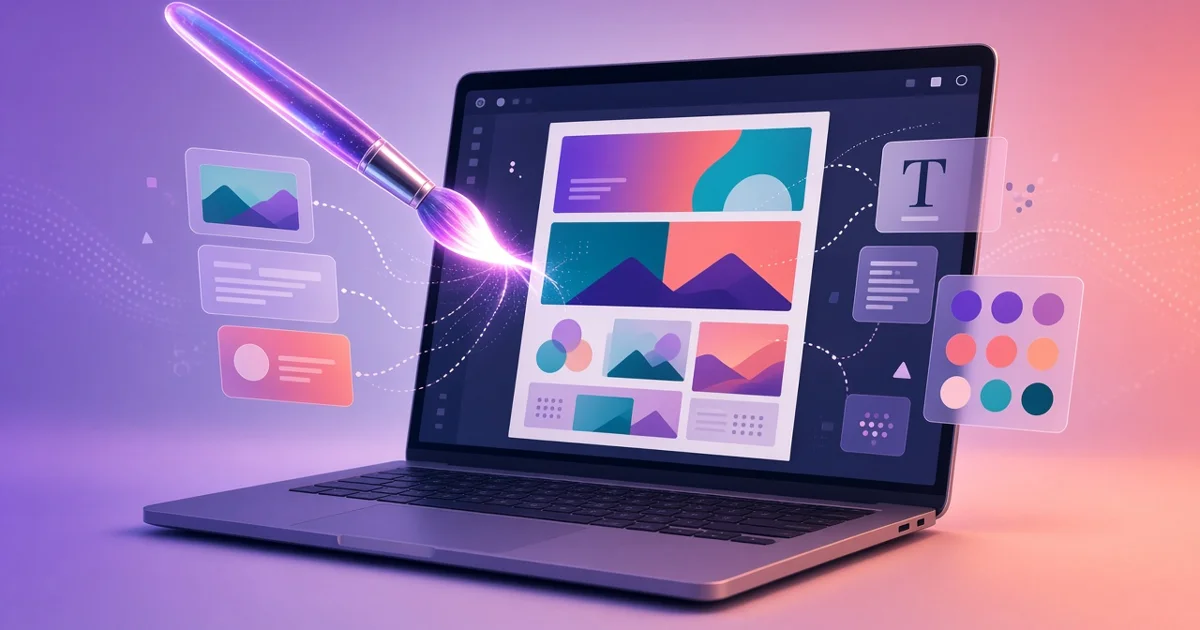 فرشاة رقمية مضيئة فوق حاسوب محمول يعرض تصميمًا ملونًا تتحرك حوله بطاقات نصوص وصور ودرجات ألوان