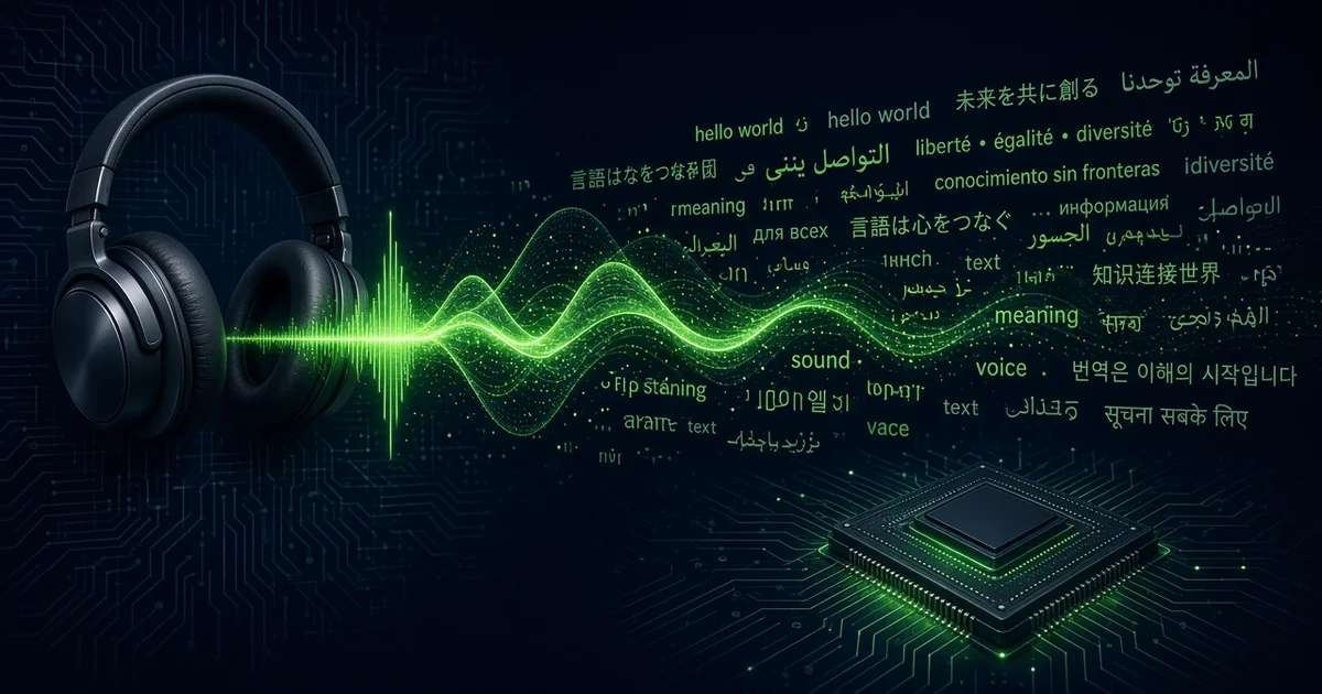 سماعة رأس تخرج منها موجة صوتية خضراء تتحول إلى أسطر نصية بعدة لغات فوق شريحة إلكترونية متوهجة